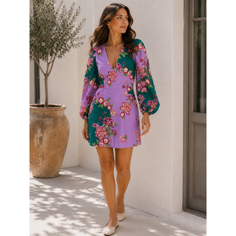 Alden Adair Bridgette Dress Jasmine Floral Puff Sleeve Mini Purple Teal XS NEW
